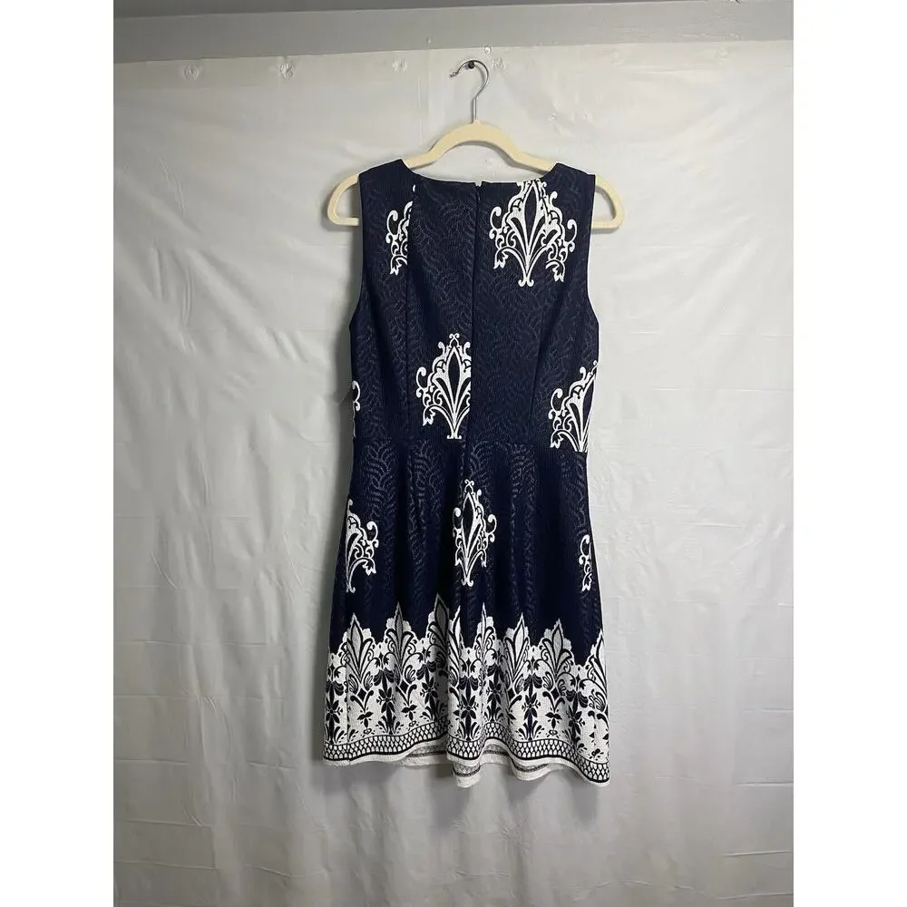 NWT New York & Company‎ Jacquard Floral Pleated Fit & Flare Dress Navy Medium